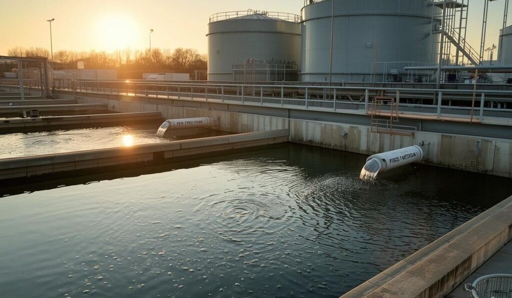 Industrial water treatment plant at sunrise with storage tanks and flowing treated water, showcasing automated and smart water management systems in India.
