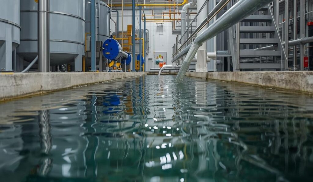 Inside view of a modern water treatment plant showing industrial tanks, pipelines, filtration channels, and clean processed water, representing smart technologies in India’s water treatment sector.