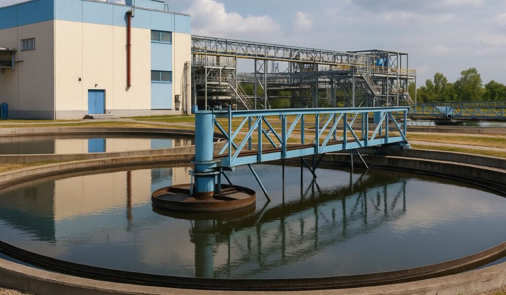 Effluent treatment plant clarifier with blue mechanical scraper and process building at an industrial wastewater facility in Pune.