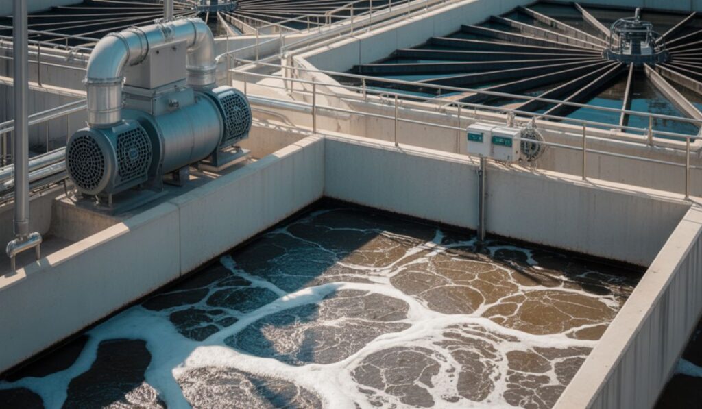 Industrial sewage treatment plant showing aeration tanks and blowers for biological wastewater treatment