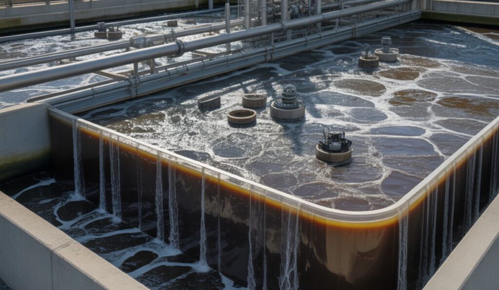 Industrial sewage treatment plant showing wastewater flow control and process tanks