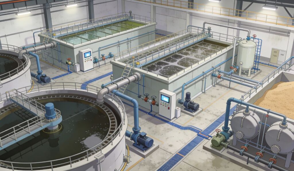 Illustration showing industrial sewage treatment plant process and treatment stages