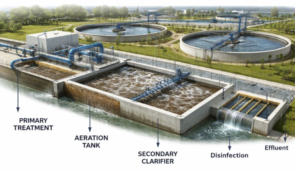 Typical sewage treatment process showing primary treatment, aeration tank, secondary clarifier, and disinfection stages
