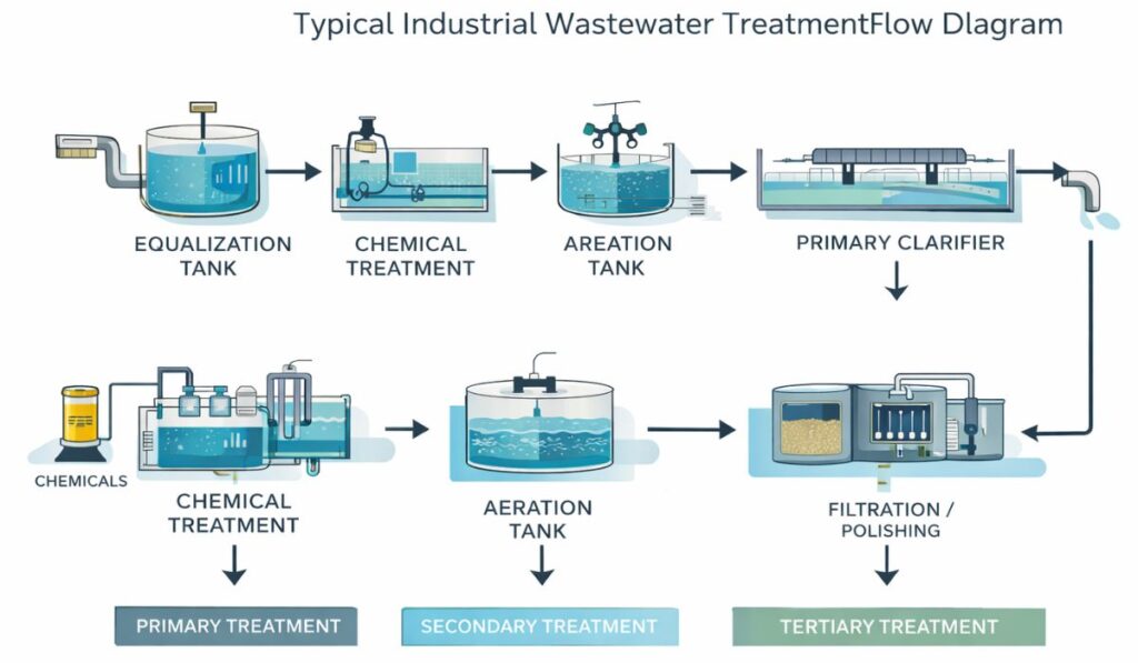 Industrial wastewater treatment process flow showing primary, secondary, and tertiary treatment stages