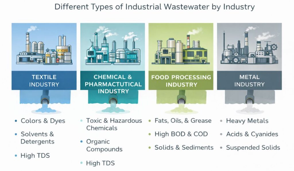 Different types of industrial wastewater generated by textile, chemical, food processing, and metal industries