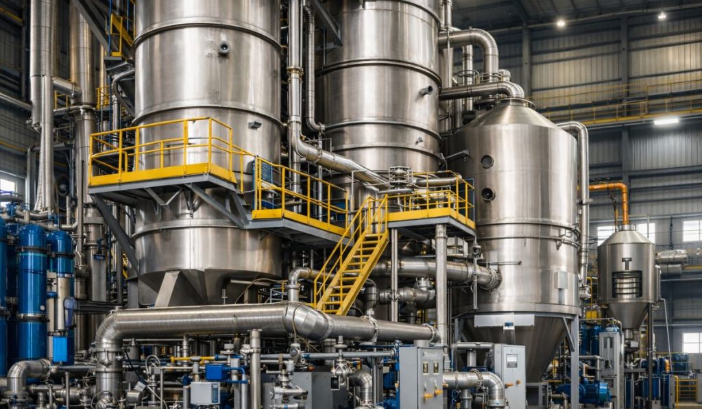 Close-up of industrial Zero Liquid Discharge (ZLD) system showing Multiple Effect Evaporator and ATFD equipment in Pune facility