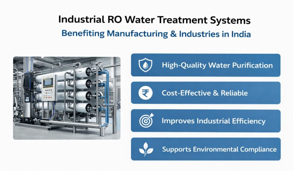 Industrial RO plant water treatment system infographic showing benefits such as high-quality water purification, cost efficiency, improved industrial performance, and environmental compliance