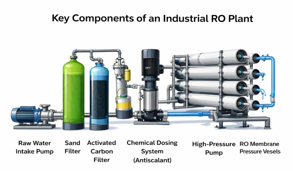 Industrial RO plant components diagram showing raw water pump, sand filter, activated carbon filter, chemical dosing system, high pressure pump and RO membrane vessels