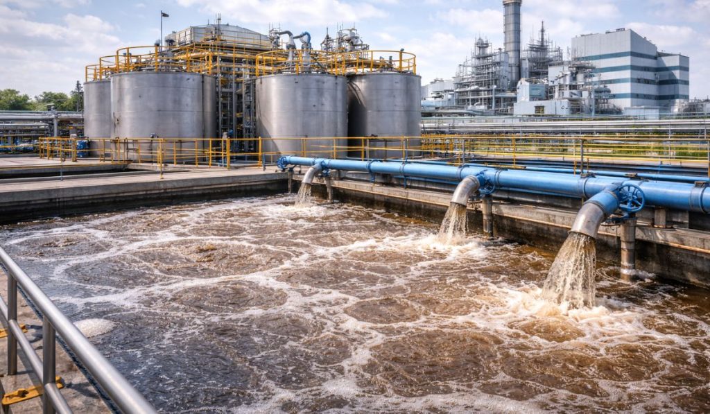 pharmaceutical wastewater treatment plant with aeration tanks and industrial pipelines