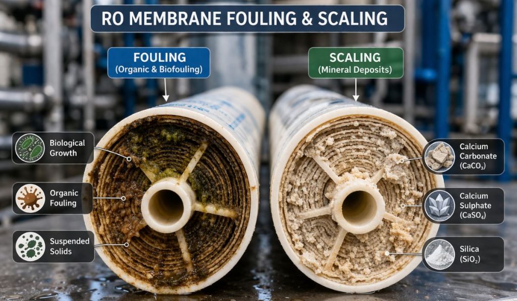 RO membrane fouling and scaling in industrial reverse osmosis system