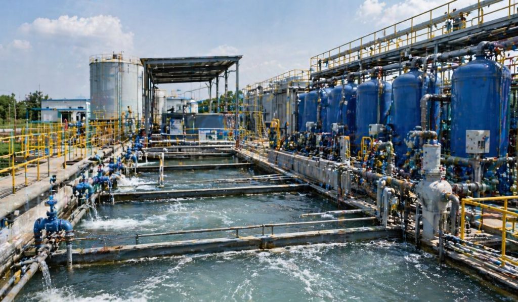 Modern effluent treatment plant with tanks and pipelines for industrial water recycling