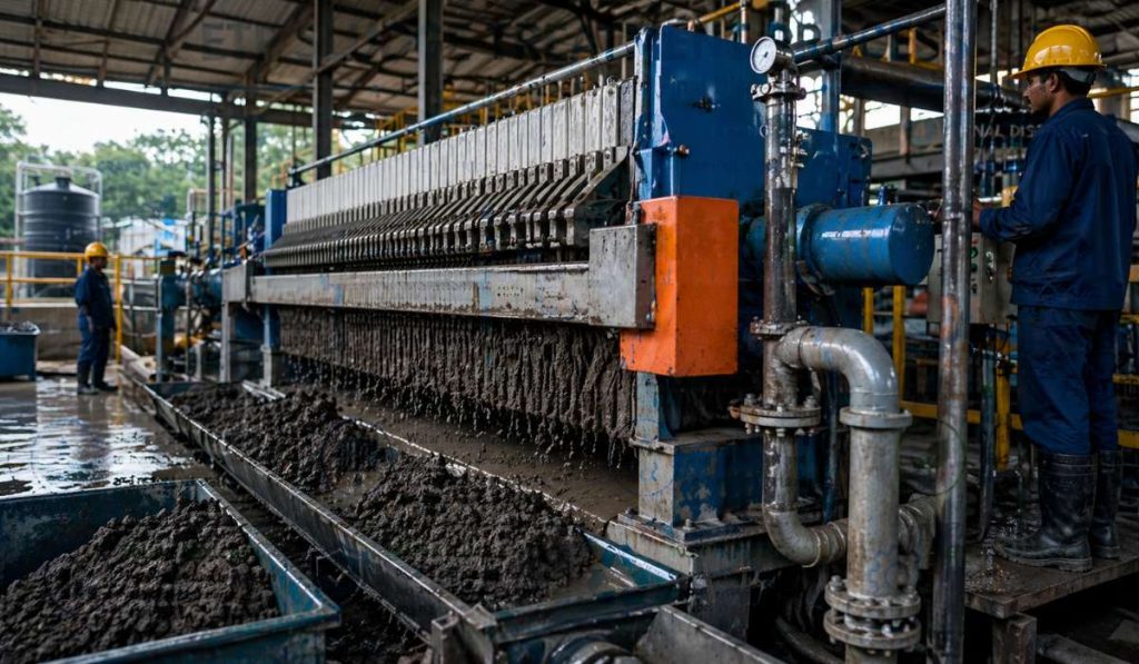 “Industrial ETP sludge dewatering using filter press machine producing sludge cake”