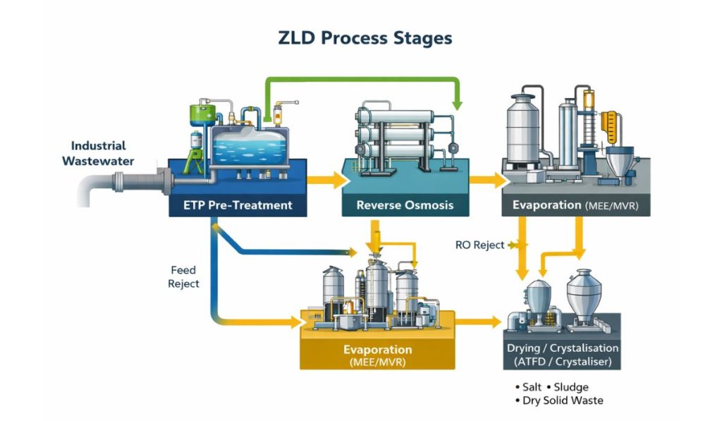 ZLD process flow diagram showing ETP RO MEE ATFD stages