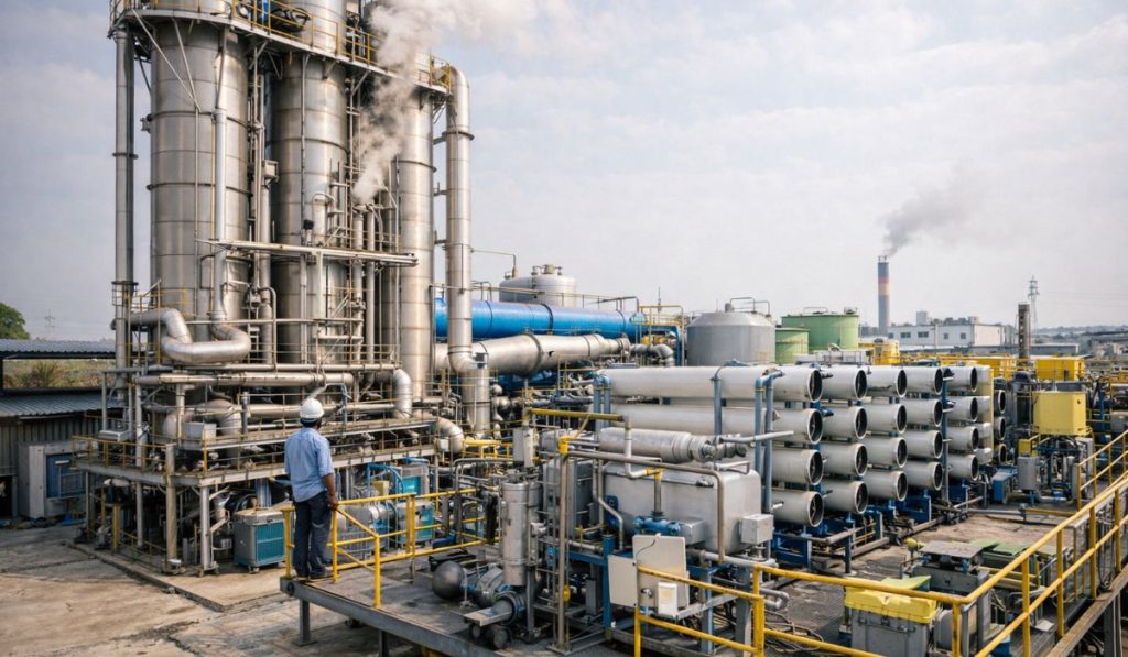 Industrial ZLD system operation with evaporator and RO units