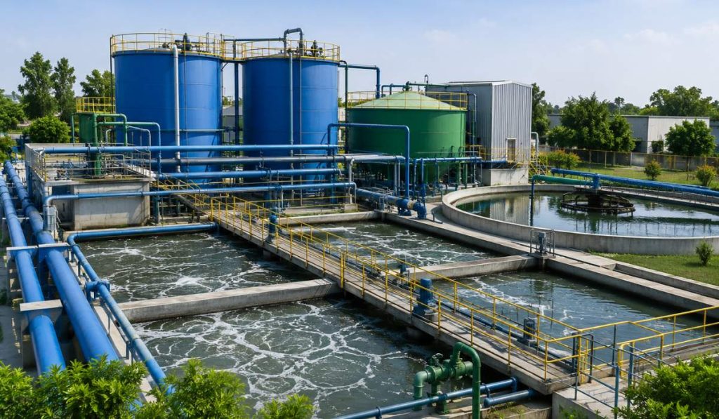 Industrial effluent treatment plant system with tanks and pipelines