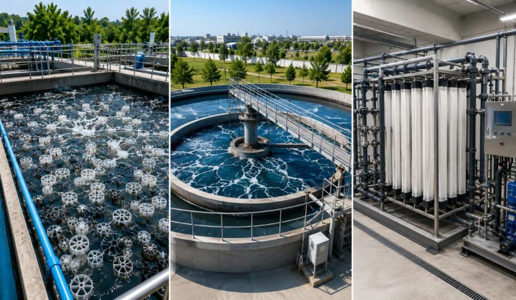 Industrial wastewater treatment comparison showing MBBR bio media reactor, SBR clarifier tank, and MBR membrane filtration system