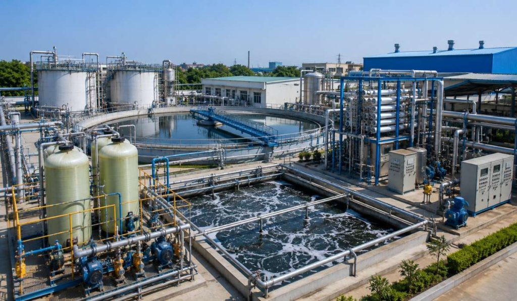 Chemical industry effluent treatment plant showing multiple wastewater treatment stages including clarifier, filtration units, and process tanks