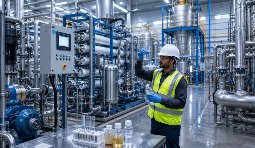 Engineer monitoring chemical industry wastewater treatment system and testing industrial effluent quality