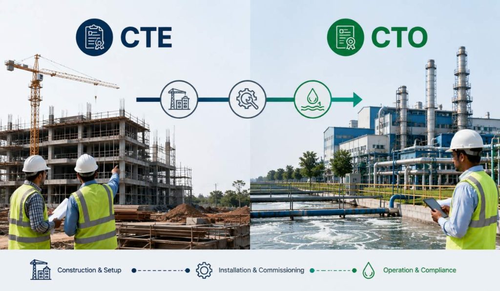 CTE vs CTO comparison showing Consent to Establish and Consent to Operate process for industries in Maharashtra