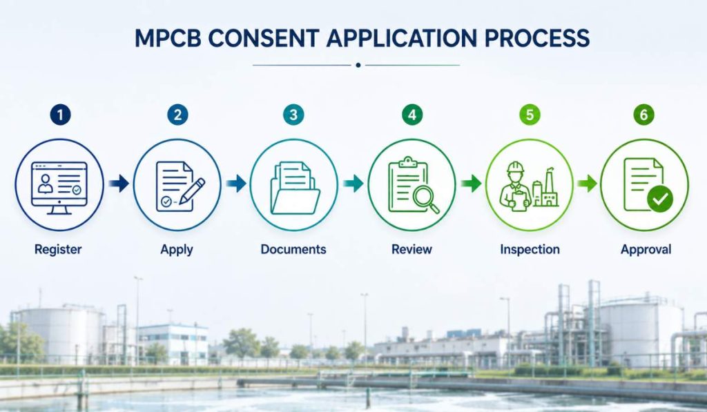 MPCB Consent to Operate application process showing registration, document submission, review, inspection, and approval workflow