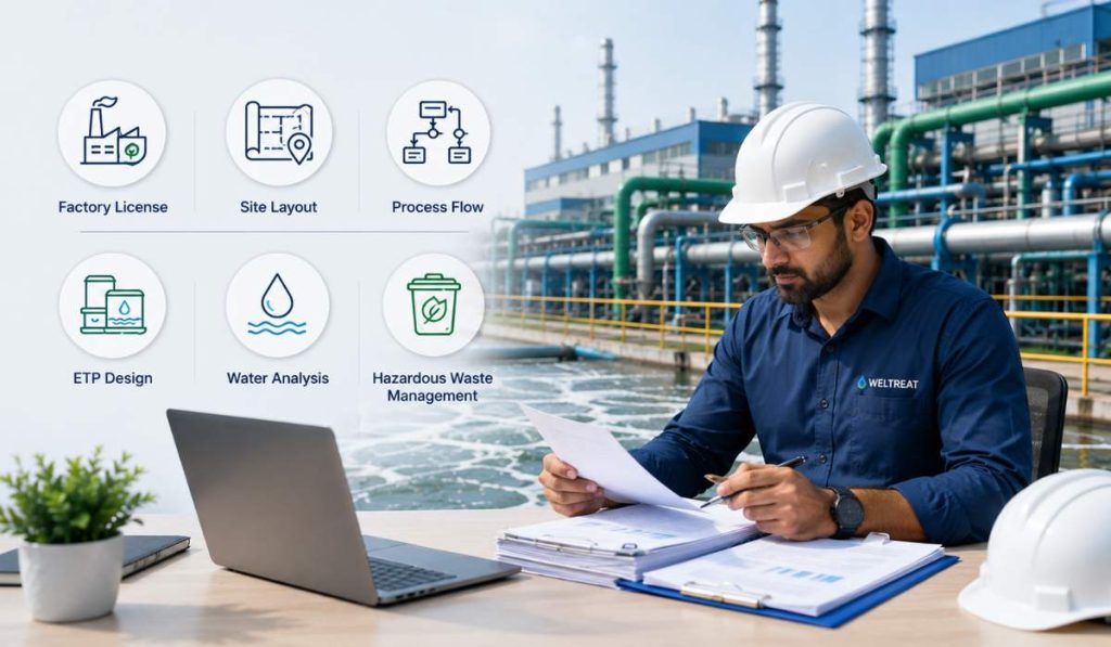 Documents required for MPCB Consent to Operate application including ETP design, site layout, process flow, and hazardous waste management