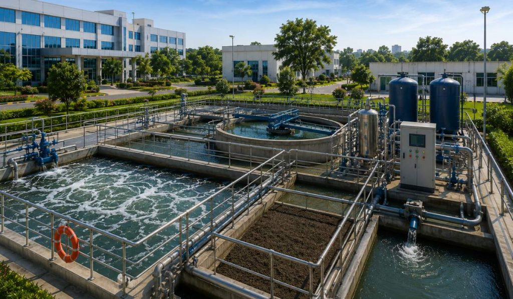 Modern hospital sewage treatment plant showing biological wastewater treatment infrastructure and treatment process